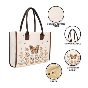 Floral Butterfly <b>Box</b> Design 100% Pure Cotton Canvas Tote Bag with <b>Secure</b> Zipper Top Durable & Reusable - Product Image 5