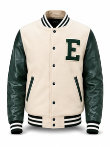 Veste universitaire unisexe en laine/polyester verte, manches longues, hiver, lettre E brodée sur le devant, style preppy, col rabattu, coupe classique - Product Image 1