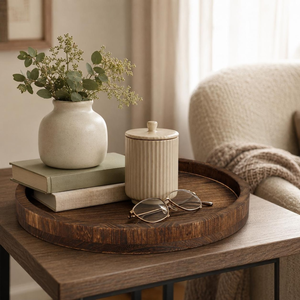 Round Wooden Serving Tray with Raised <b>Edge</b> Handmade Decorative Display Organizer for Coffee <b>Table</b> Home <b>Living</b> Room Decor - Product Image 2