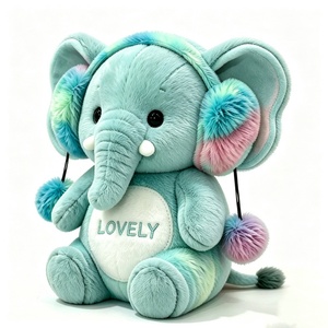 Peluche de elefante bordado personalizado, orejeras de peluche de elefante en degradado rosa-azul verdoso, orejeras de peluche de elefante con pompón en degradado y vientre blanco. - Product Image 5