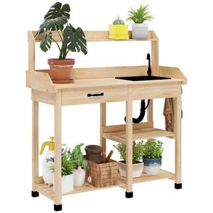 Tavolo da Giardinaggio in Legno Naturale per Esterni con Lavello Rimovibile e Rubinetto per Patii e Cortili - Product Image 2