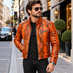Mens Orange Python Print Leather <b>Biker</b> <b>Jacket</b> | Genuine Leather Motorcycle <b>Jacket</b> | Luxury Snakeskin Pattern Winter <b>Jacket</b> - Product Image 5