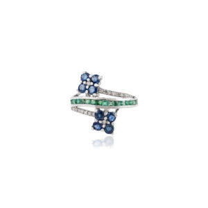 Wholesale Unique Bypass Flower Pattern 925 Sterling <b>Silver</b> Luxury Rhodium Plated Blue Sapphire & <b>Emerald</b> Wedding <b>Ring</b> Gift - Product Image 1