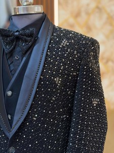 Black Sequin Embroidered Men’s Tuxedo Suit – Designer Slim Fit Wedding <b>Blazer</b> <b>Set</b> with Vest & Bow Tie - Product Image 3