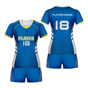 Blue Diagonal Line Volleyball Uniform V-Neck Jersey <b>Shorts</b> Set White And Yellow Trim Custom Number Team Apparel Kit - Product Image 1