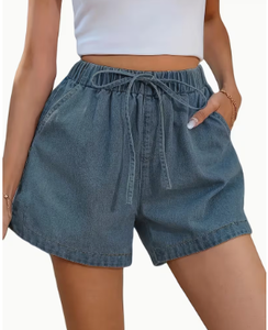 Shorts en jean décontractés pour femme, taille élastique avec cordon de serrage, coupe ample, taille mi-haute, pour l'été - Product Image 4