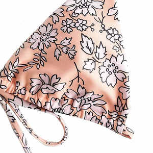 Women Floral Print Bikini Set Spandex Polyester Halter Lace Up Triangle Top <b>Thong</b> Bottom Regular Fit - Product Image 3
