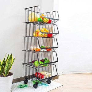 Space Saving Metal Wire <b>Storage</b> Trolley For <b>Kitchen</b> <b>Corner</b> With Rolling Wheels And Multiple Basket Shelf Layers - Product Image 5