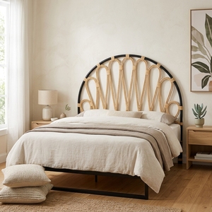 New Modern Minimalist Black <b>Frame</b> Curved <b>Rattan</b> Headboard <b>Bed</b> <b>Frame</b> Wood Eco-Friendly Double Queen Bedroom Furniture Upholstered - Product Image 4