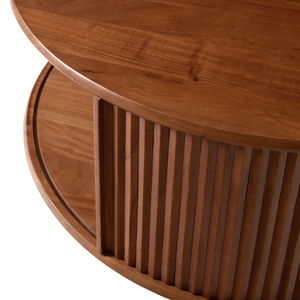 Mesa de Centro Redonda de Madera de Teca Sólida de Estilo Japonés de Lujo con Puerta Corredera Tambour y Almacenamiento Oculto para Muebles de Sala de Estar - Product Image 5