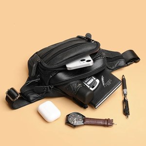 High Quality Genuine Black Leather Multi Zipper Chest Crossbody <b>Bag</b> for Men Premium Adjustable <b>Strap</b> Sling Waist Pack Low MOQ - Product Image 3
