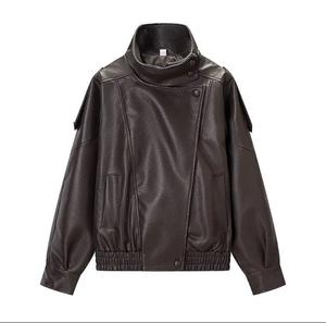Chaqueta de Moto Unisex de Cuero PU, Cuello Alto, Cierre de Cremallera, Largo Regular, Color Sólido, Prenda de Invierno - Product Image 1