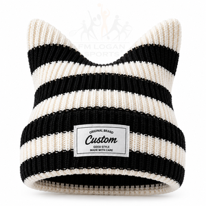 Bonnet à oreilles de chat rayé en tricot côtelé 100% acrylique, brodé, pour femme et unisexe, style streetwear - Product Image 2