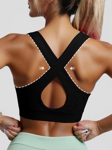 Women <b>Cross</b> Back Sports Bra Mesh Vent Scoop Neck Workout Crop <b>Top</b> Crisscross Straps Seamless Gym Bralette Removable Padded Vest - Product Image 2