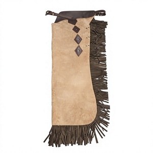 Premium Tan and Brown Suede Leather Rodeo Chaps Featuring Long <b>Fringe</b> and Diamond Inlay Accents - Product Image 1