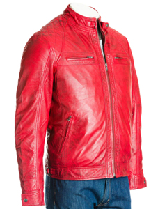 Men's High Quality Red <b>Canvas</b> Genuine Leather Moto Jacket Stand Collar Regular Fit Biker Style Winter Front - Product Image 5