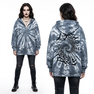 Custom Grey Acid Wash Zip Up Hoodie Women <b>Gothic</b> Bat Vortex Spiral Graphic Print Oversized Streetwear Fleece <b>Jacket</b> Top - Product Image 1
