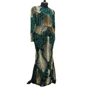 Women's Luxury <b>Emerald</b> Green Sequin Mermaid Gown, Long Sleeve Geometric Pattern Formal Evening <b>Dress</b> - Product Image 1
