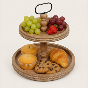 Handcrafted Rustic Wooden Two Tiered Tray with Metal Handle Farmhouse Tiered Serving Stand for <b>Kitchen</b> & Cupcake Display - Product Image 2