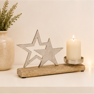 Handmade Christmas Aluminum Double Star Candle Holder With Mango Wood Base Elegant Silver Metal <b>Tea</b> Light <b>Stand</b> Centerpiece - Product Image 6