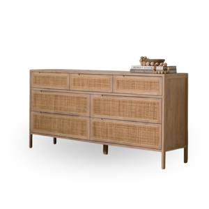 Commode en bois de style scandinave à 6 tiroirs avec panneau en rotin, meuble de rangement autoportant pour chambre à coucher - Product Image 2