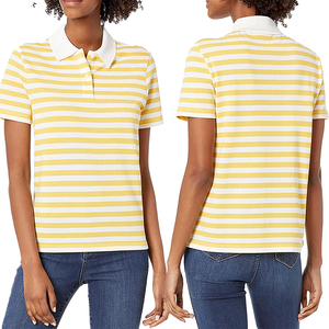 Polo à manches courtes rayé jaune et blanc pour femme, haut décontracté en coton tricoté - Product Image 3
