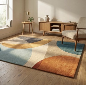 Abstract Geometric Wool Area <b>Rug</b> Modern Curved Design Carpet Latex Backing Mid Century Style Color Block <b>Rug</b> for Living Room - Product Image 1