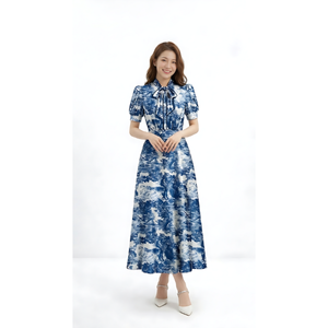 Vestido Midi Estampado para Mujer, Listo para Enviar, Elegante Vestido Azul Floral de Manga Corta para Oficina, Ropa de Trabajo, Proveedor Mayorista - Product Image 1