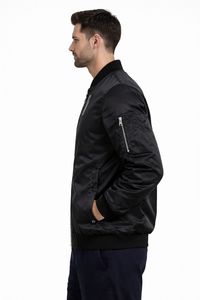 Blouson Bomber Noir Premium pour Homme, Classique, Zippé, Léger, Décontracté, Style Urbain, Coupe Ajustée, Col Côtelé, Style Motard, Manches Longues - Product Image 2