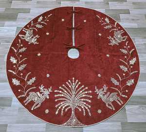 Rustic Velvet Christmas Tree <b>Skirt</b> Reindeer Embroidered Festive Holiday Decor Handmade Tree Cover - Product Image 2