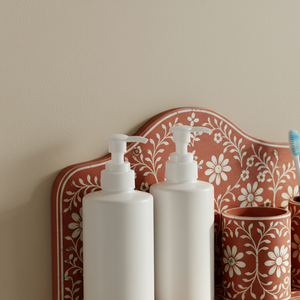 Handcrafted Bathroom Accessory Suite 5-Piece Terracotta Floral Wall Shelf Decorative Arched Vanity Organizer for <b>Soap</b> & Brushes - Product Image 3