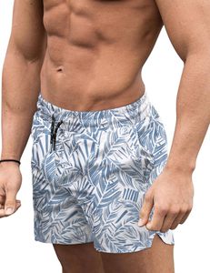 Short de bain pour hommes, imprimé palmiers, taille élastique avec cordon de serrage, style tropical, plage, été, décontracté, vacances, coloré, avec haut blanc pour hommes, été - Product Image 1