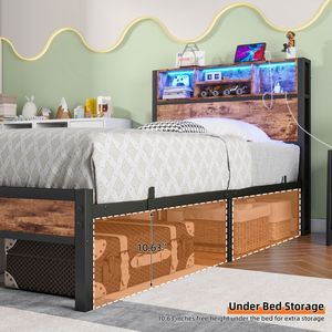 <b>Twin</b> Size Metal <b>Bed</b> <b>Frame</b> with Storage Headboard Charging Station & Bookcase No Box Spring Needed - Product Image 5
