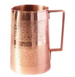 Carafe à eau en cuivre martelé avec couvercle, poignée incurvée, corps cylindrique, bandes décoratives, finition lisse, artisanat traditionnel - Product Image 6