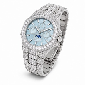 Luxury Women's Diamond Watch Stainless Steel Band Analog Mechanical <b>Chronograph</b> Round Case Blue Dial - Product Image 1