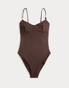 Traje de Baño de Una Pieza Personalizado para Mujer, Color Sólido, Cuello Redondo, Tirantes Finos, Detalle de Cuentas, Satén Elástico, Traje de Baño de Verano - Product Image 1