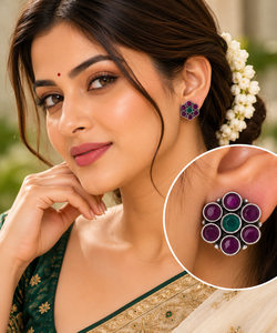 Boucles d'oreilles clous florales en argent sterling 925 avec rubis violet et vert serti en coupelle, bijoux fins pour femmes et jeunes filles - Product Image 4