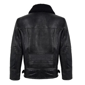 Veste en cuir noir pour homme avec col en fourrure noire, manteau d'hiver en peau de mouton véritable, doublure en polaire chaude, veste de motard - Product Image 5