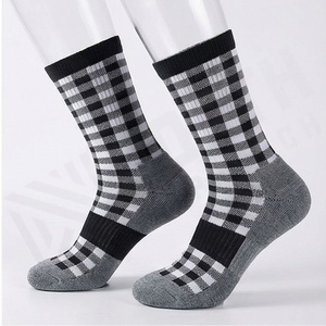 Crew <b>Socks</b> Plaid Pattern <b>Black</b> White Gray Casual Knitted Breathable Adult Spring Style - Product Image 3