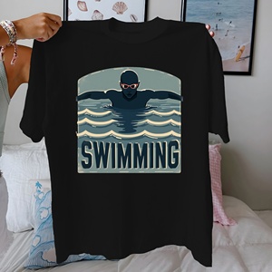 Camiseta Informal de Mujer, 100% Algodón, Tejida, con Estampado de Olas y Silueta de Nadador, Corte Cómodo - Product Image 3