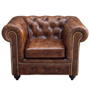 Chesterfield Single Seater Genuine Leather Sofa Tufted Backrest <b>Rolled</b> Arms Solid Wood Legs Vintage Lounge Chair for Bedroom - Product Image 5