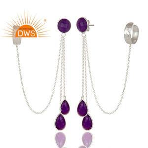 Handmade Solid 925 Sterling <b>Silver</b> Blue Aventurine Chain <b>Ear</b> <b>Cuff</b> Earrings for Women Jewelry Wholesaler Classic Collection - Product Image 3