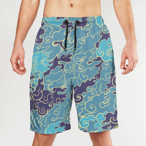 Shorts de bain pour hommes à séchage rapide avec motif nuage, taille à cordon de serrage, longueur mi-cuisse, maillot de bain décontracté imprimé bleu, violet, jaune - Product Image 1