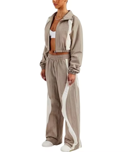 Women Tracksuit Two Piece Set Gray White Color Blocking Full Sleeve Zipper Jacket And <b>Pants</b> Loose Fit Autumn Wear - Product Image 1