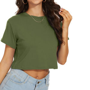 Women's <b>Olive</b> <b>Green</b> Crop Top Short Sleeve Crew Neck Casual <b>T</b>-<b>Shirt</b> 100% Cotton Jersey Knitted Breathable Spring Summer Wear - Product Image 1