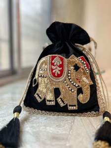 Handcrafted Beaded Handle Potli Bag Black Zardosi Embroidery <b>Drawstring</b> <b>Pouch</b> Ethnic Wedding Party Wear Women Gift Clutch Purse - Product Image 6