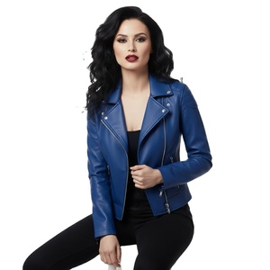 Chaqueta de Motociclista Corta de Cuero Azul Tejida y Transpirable para Mujer, Personalizada, al por Mayor, Precio de Fábrica, Estilo Biker Genuino y a la Moda - Product Image 1