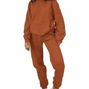 Womens Two Piece Solid Eco-Friendly Fleece Hoodie Jogger <b>Set</b> Casual Sports Tracksuit Comfortable Daily Wear for Outfit Pink - Product Image 4