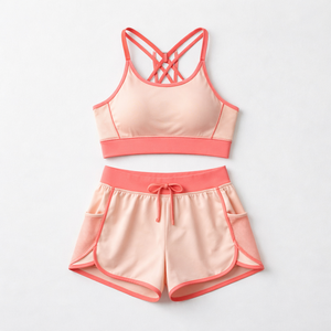 Women's Crisscross Racerback Sports Bra High Waist Shorts Set Solid Pink Breathable <b>Mesh</b> 2 Piece Activewear Yoga Wear - Product Image 1