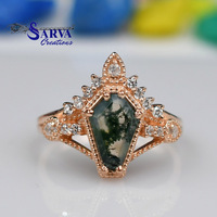 Bague de fiançailles et de mariage vintage en argent sterling plaqué or rose avec agate mousse naturelle, forme cercueil, sertie à griffes, faite à la main, style statement